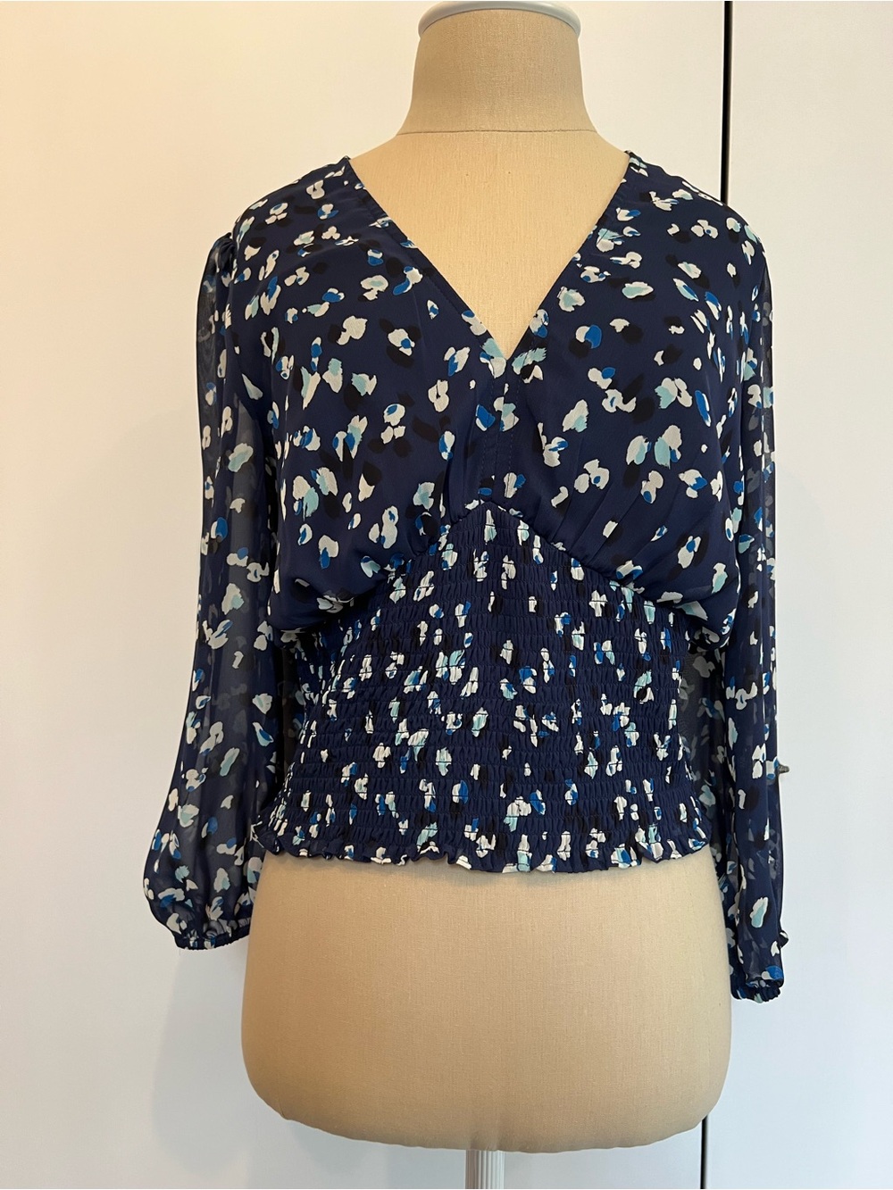 Aqua brand Navy Floral top with sheer sleeves, Size L